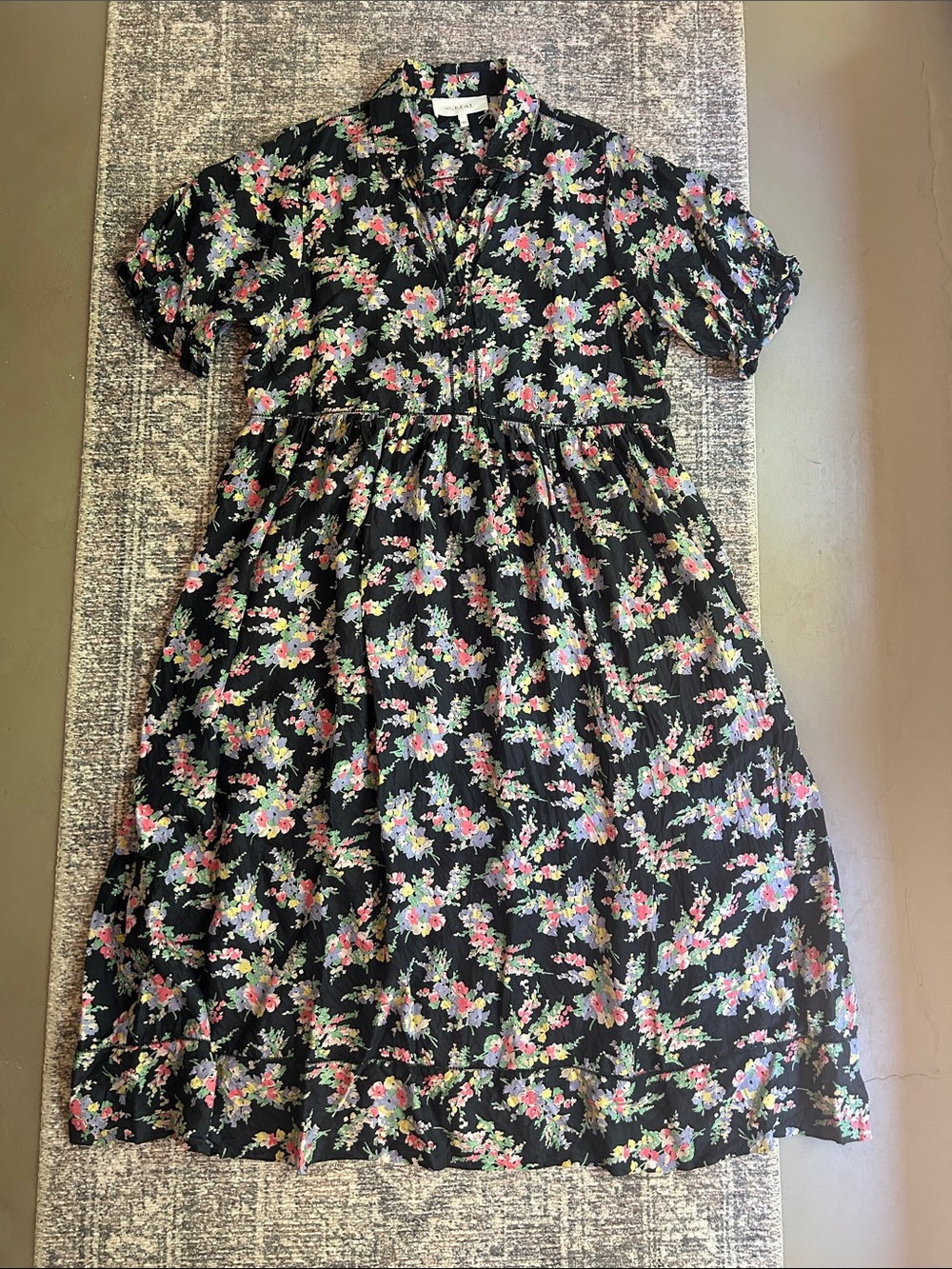 The Great Loose Fitting Floral Silk Dress midi Black 1 S Green Pink Short Sleeve